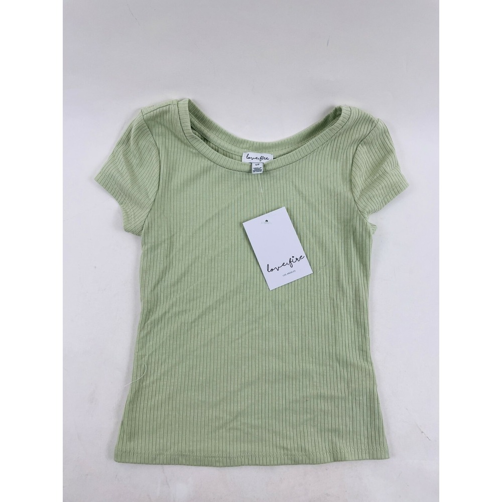 Love Fire T-shirt Girl's Size Small Green Ribbed Form Fitting Short Sleeve NWT
